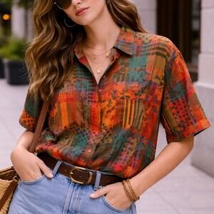 Short Circuit Vintage 90s Patchwork Floral Polka Dot Shirt Shoulder Pads S